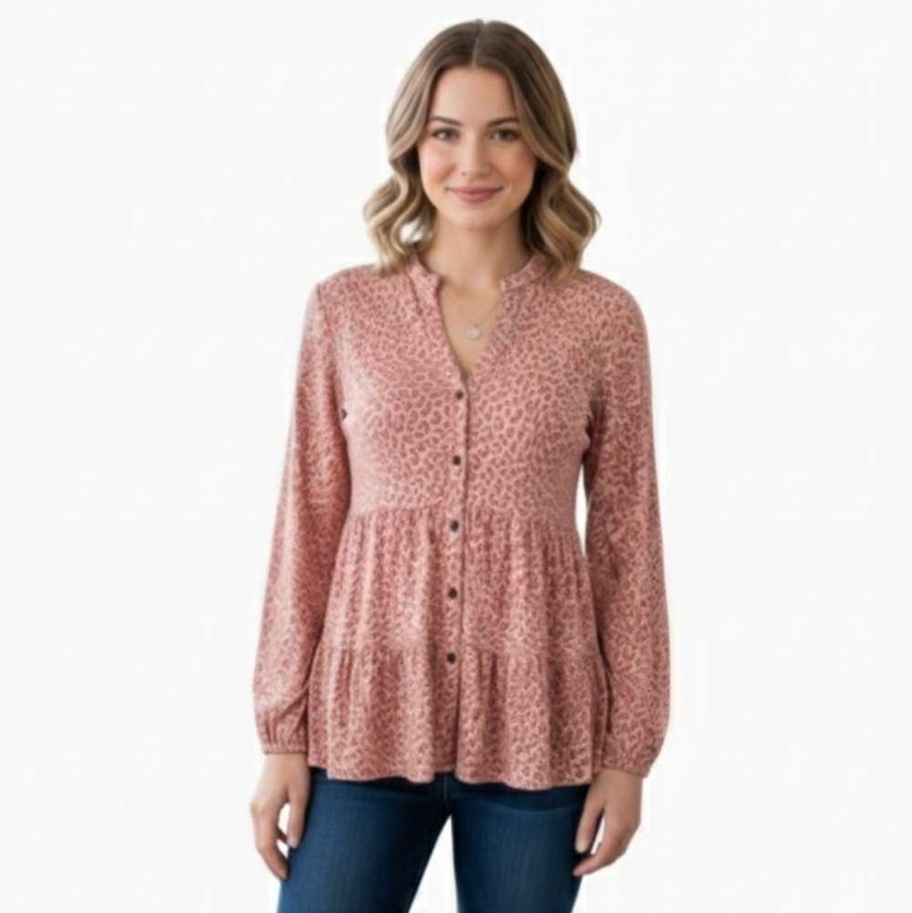 Wonderly Pink Leopard Print Tiered Button Front Tunic Top Size M